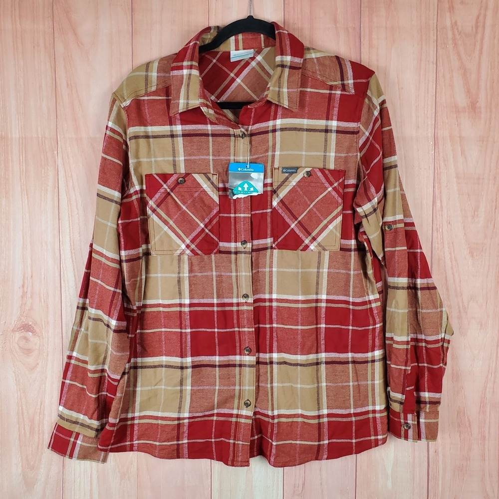 Columbia Women Flannel Shirt Sz Large Red Plaid Ferntree Gully Stretch Button-Up